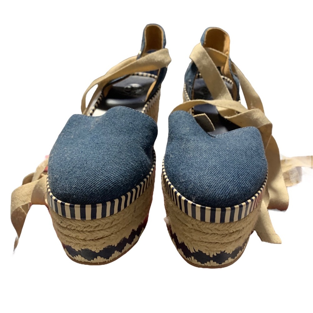 Tory Burch Blue Denim Espadrille Platform Wedges with Tan Ties